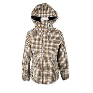 Burton Womens Size XS Brown Ski Snow Jacket Tan Houndstooth Hooded Insulated